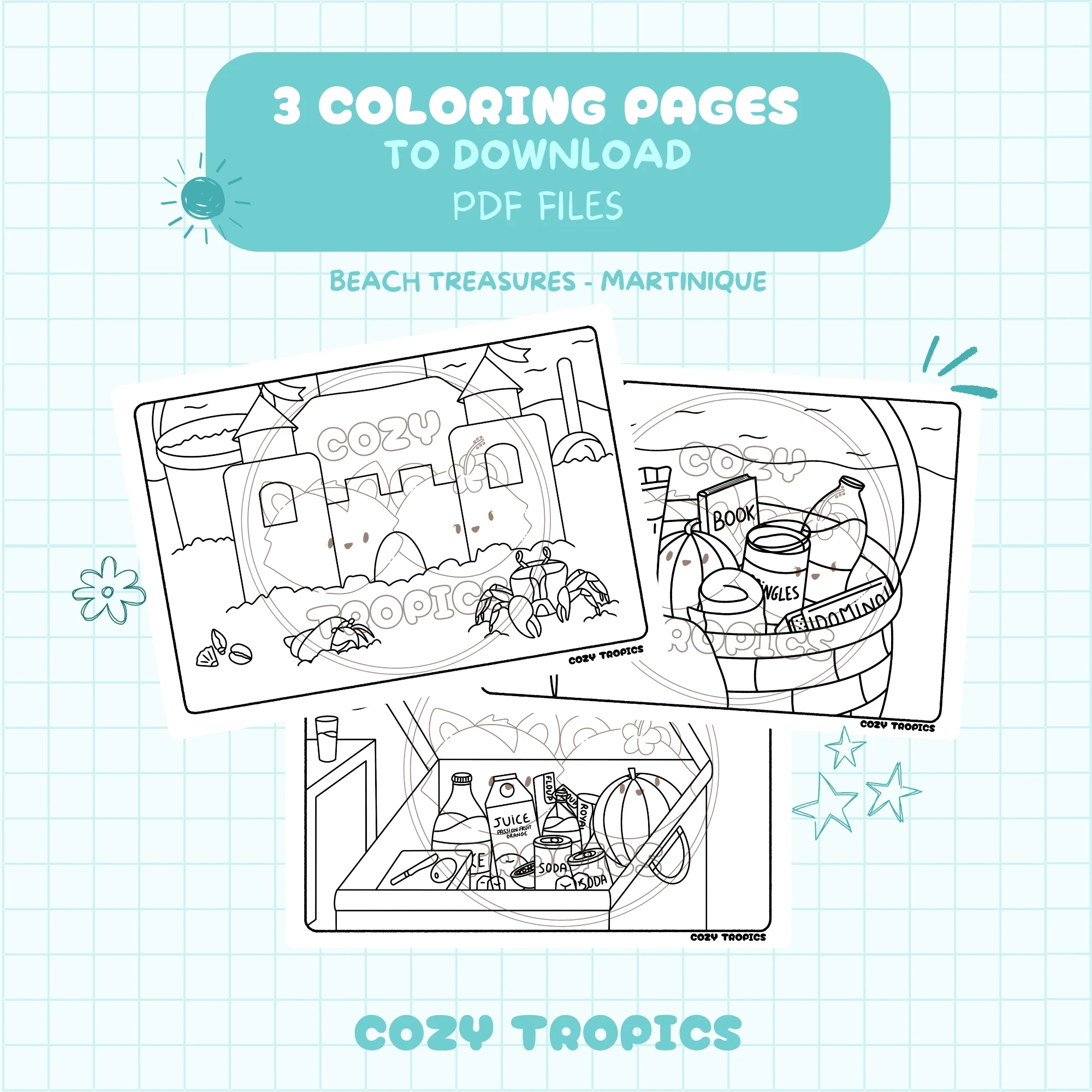 Beach Treasures Scene Coloring pages pack