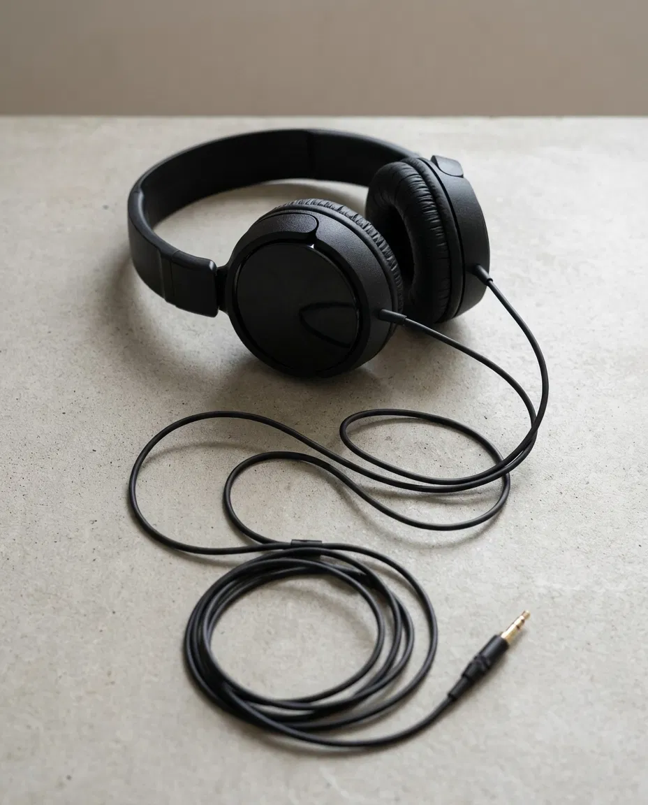 A pair of classic wired headphones resting on a neutral surface.