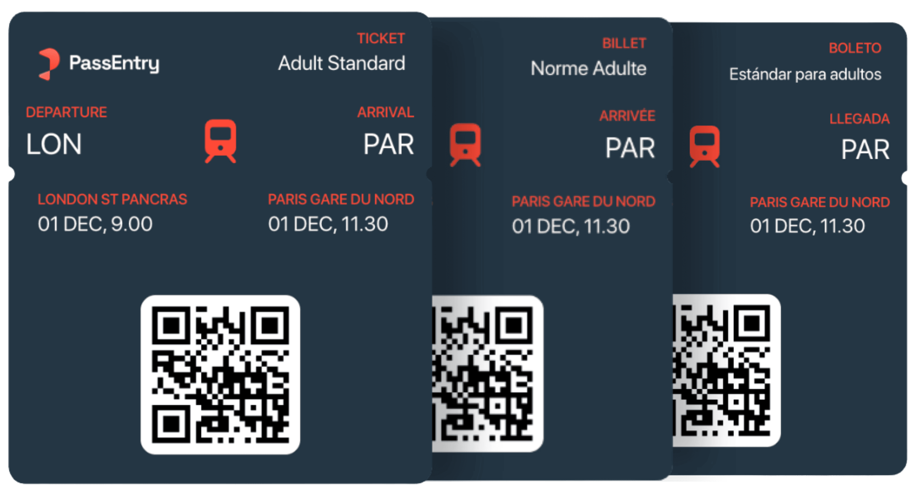 Three PassEntry digital train tickets displayed side by side in English, French, and Spanish. Each ticket shows departure from London St Pancras to Paris Gare du Nord, date and time details, and a scannable QR code, demonstrating multi-language support