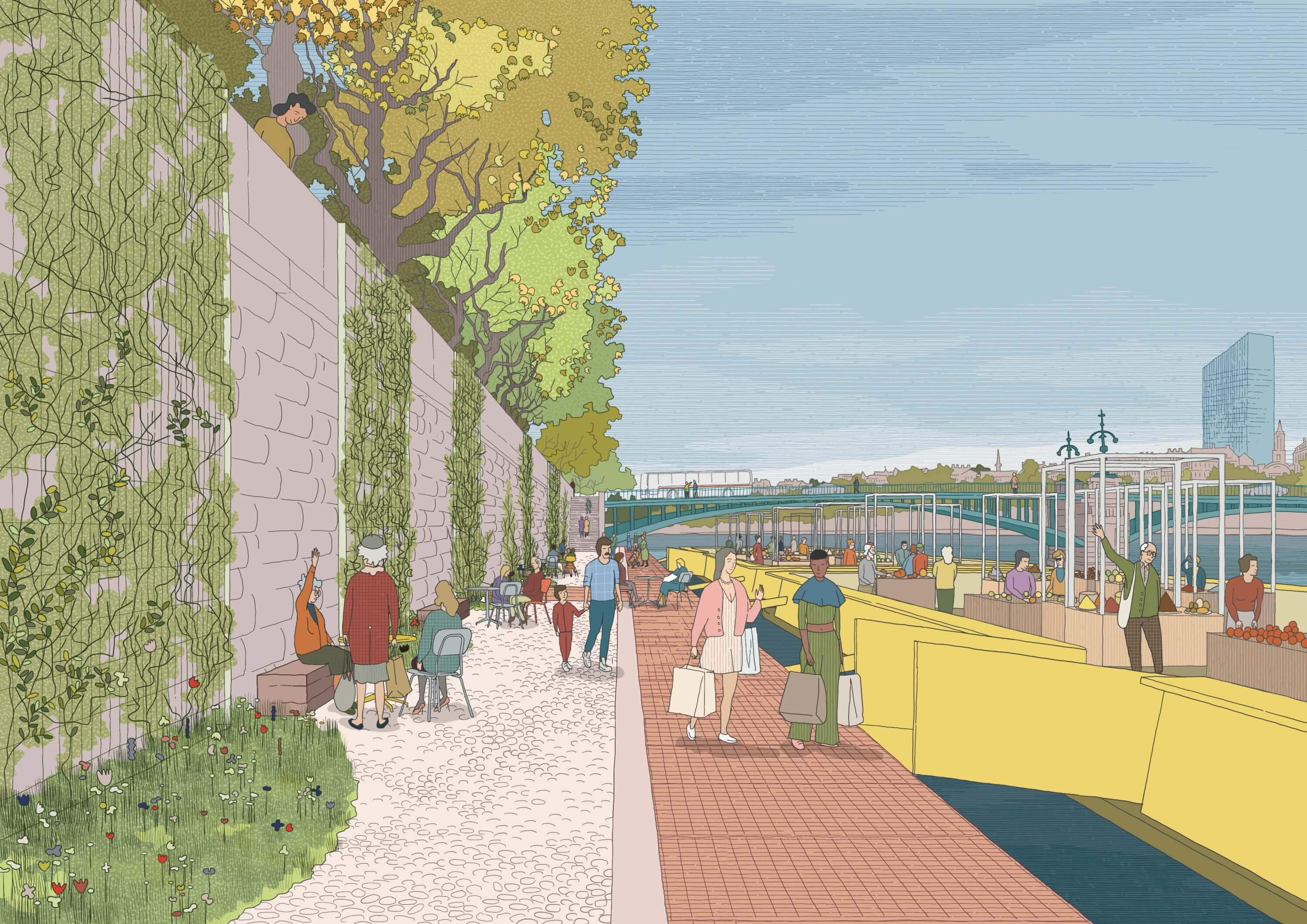 A colorful board game layout featuring various paths, squares, and vibrant illustrations for player interactions.