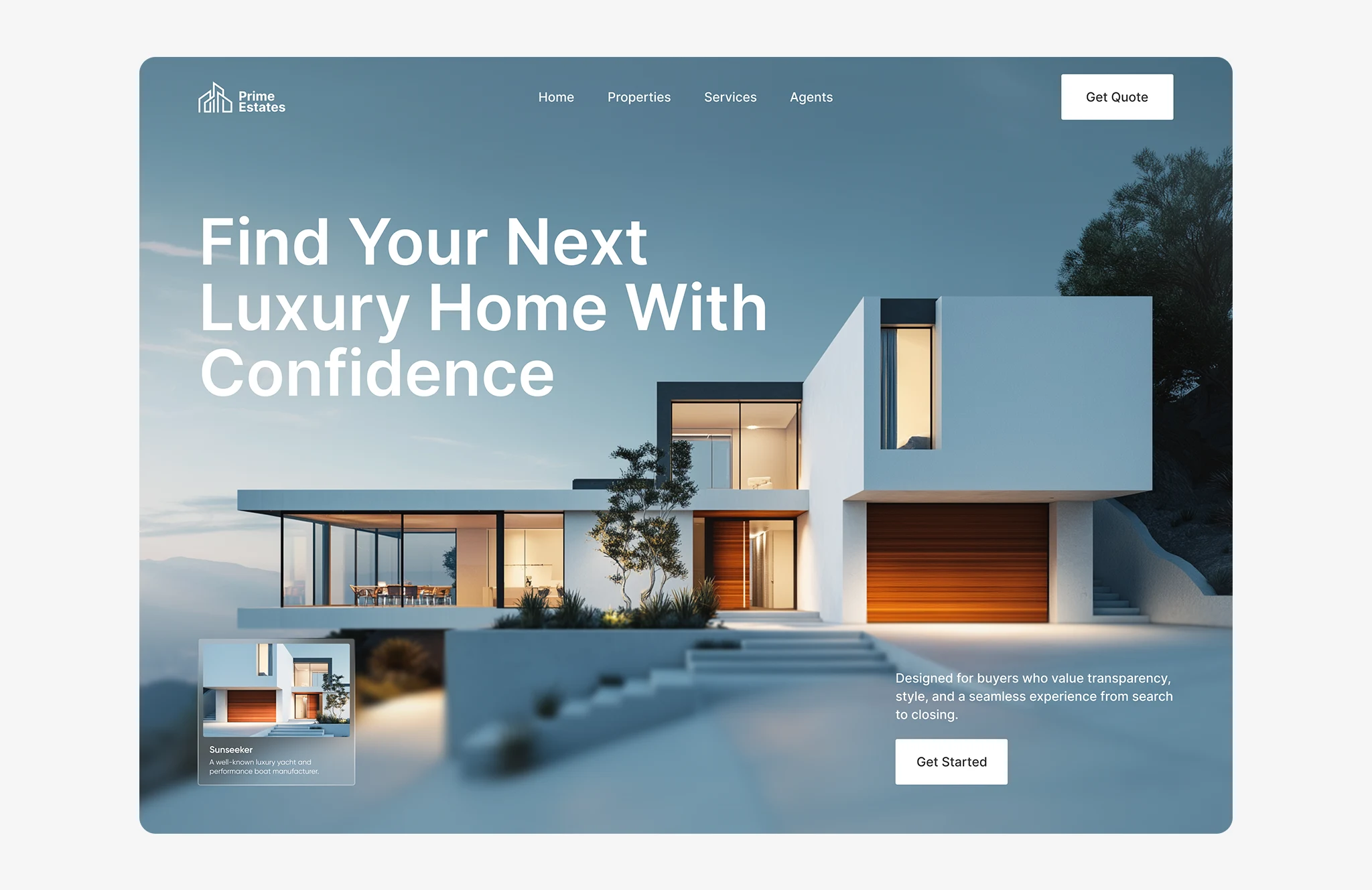 Luxury real estate website hero design featuring modern home architecture and high end property branding