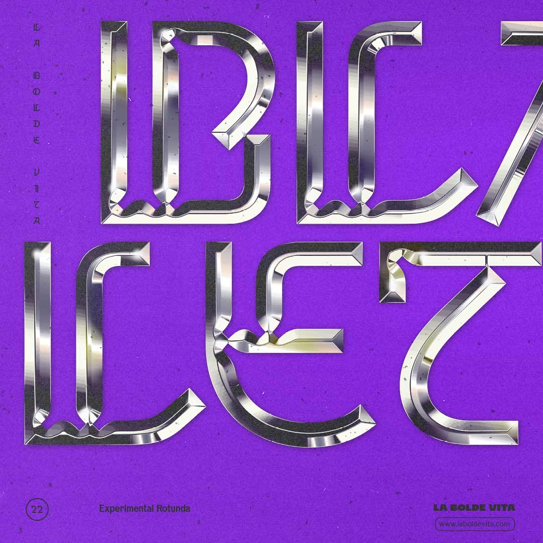 closeup of hard chisseled chrome letters set in Grotunda on a noisy purple background