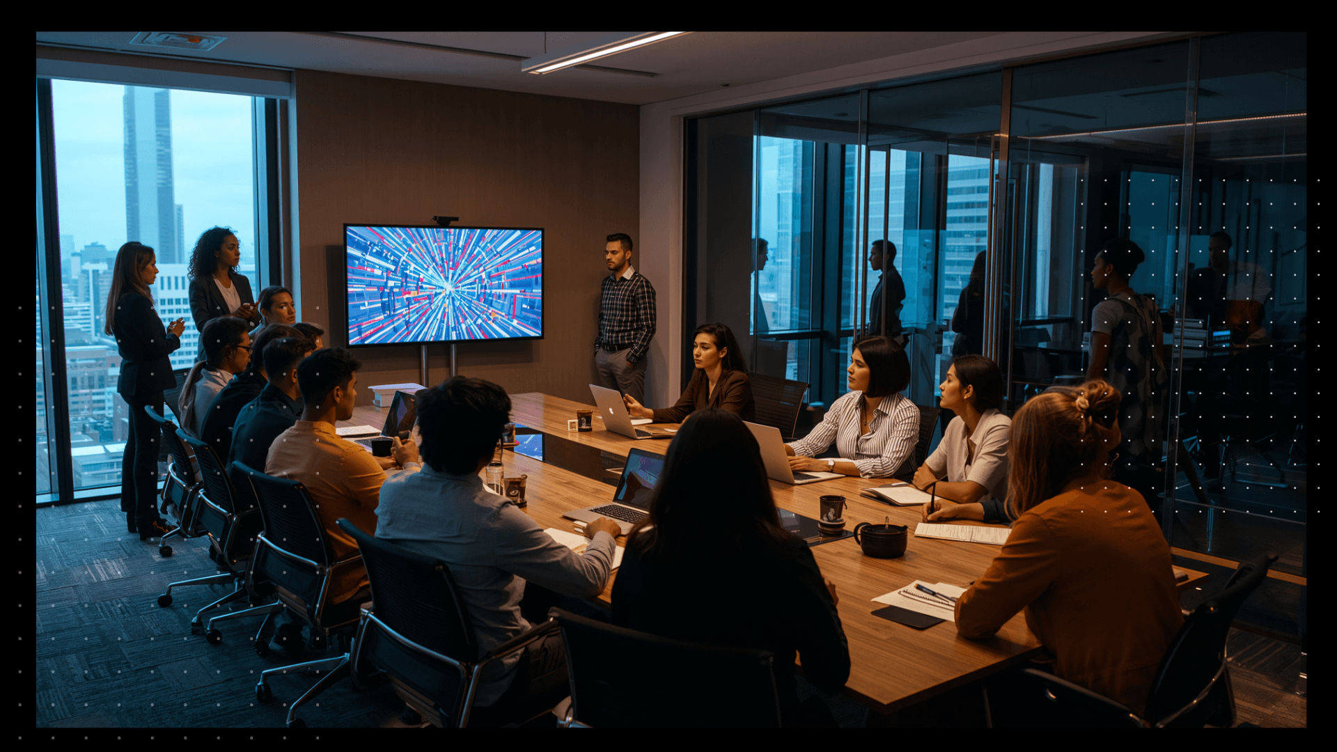 workers in a war room during a presentation