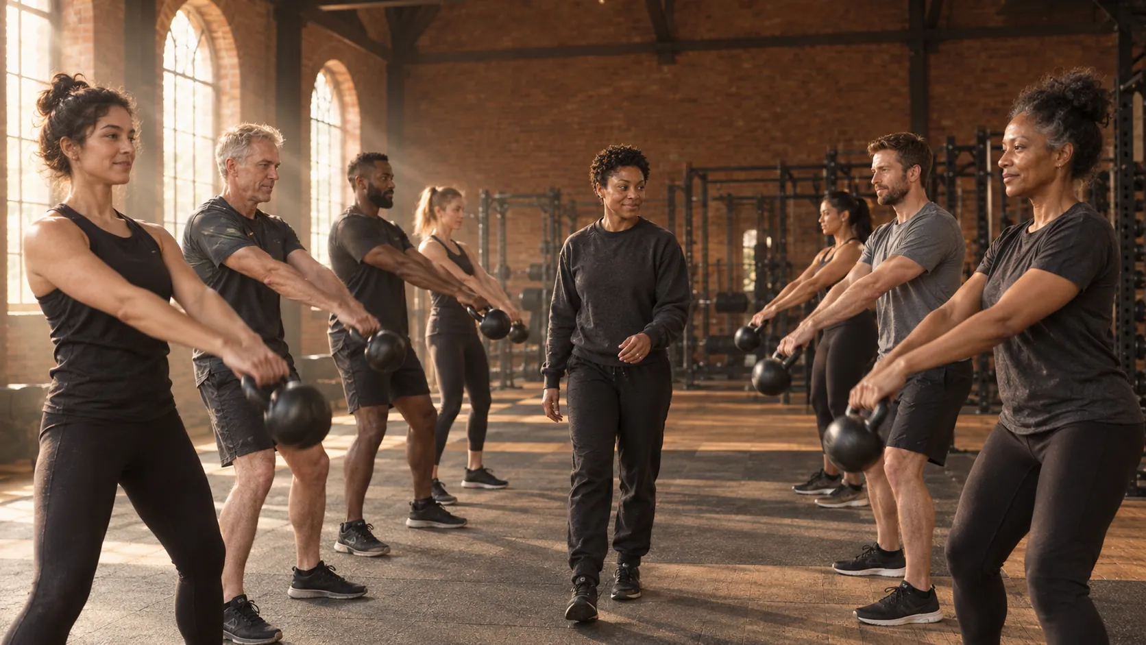 A small-group class warming up together on the gym floor