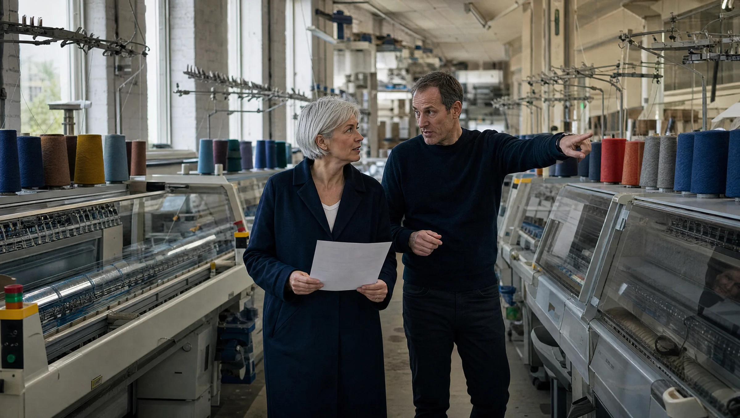 Isla Dunbar walking a knitwear mill floor with the operations director