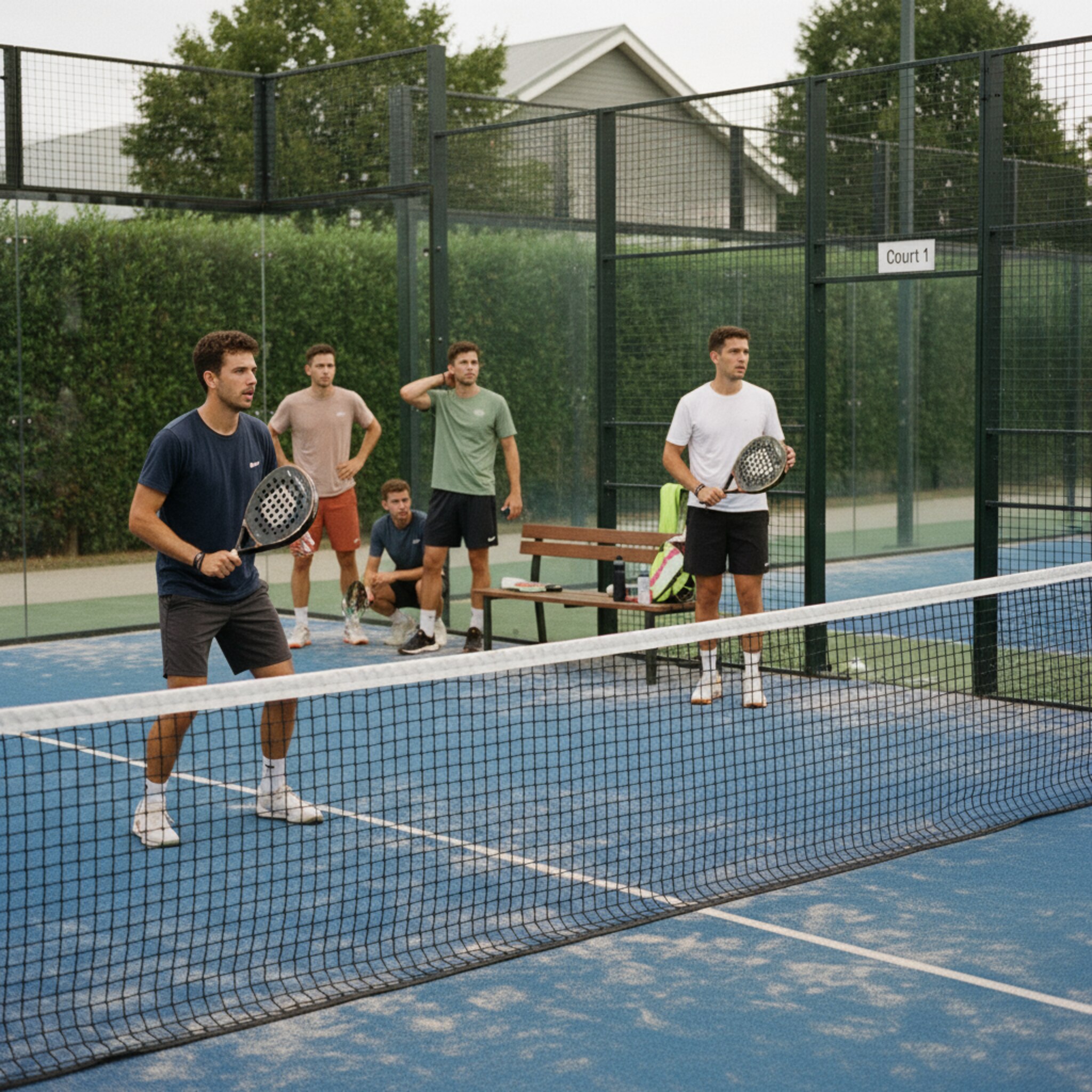 Zwei Padel-Courts liegen nebeneinander, das Netz straff gespannt. Auf dem ersten schlagen zwei Spieler lockere Volleys ein, auf dem zweiten wartet ein Doppel am Seitenrand. Eine Bank mit Wasserflaschen und Handtüchern steht im Schatten. Dezente Nummernschilder an den Zäunen machen die Plätze eindeutig, die Stimmung ist fokussiert.