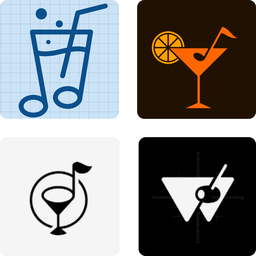 Grid of illustrated icons showing branding directions: whiskey glasses, instruments, and Americana symbols.