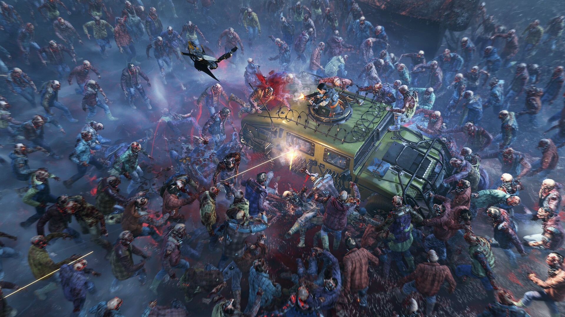 Scène intense de survie avec véhicule encerclé par une immense horde de zombies dans John Carpenter’s Toxic Commando