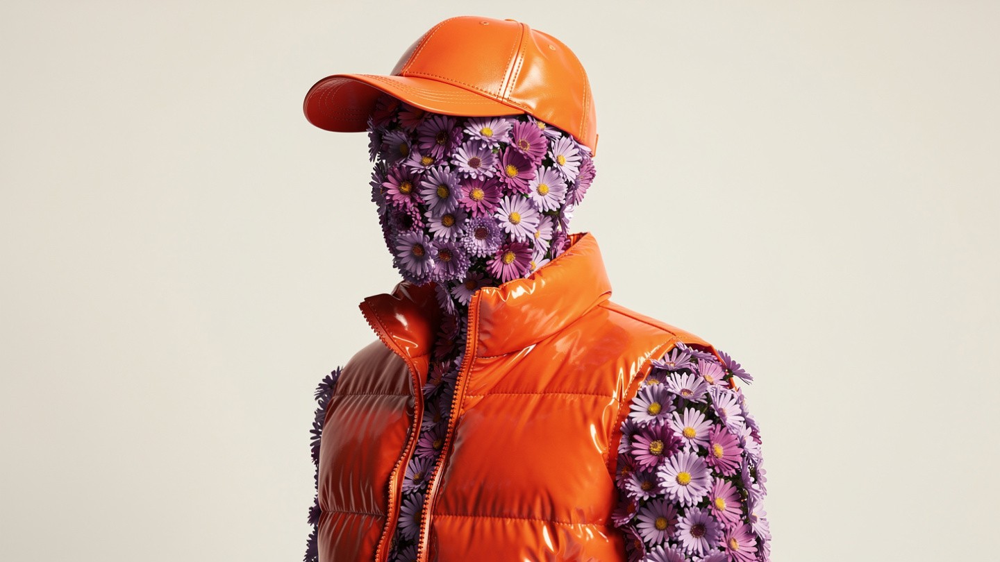 A person-like figure covered in purple flowers wears an orange puffer vest and cap. The image blends organic and synthetic, creating a surreal, imaginative tone.