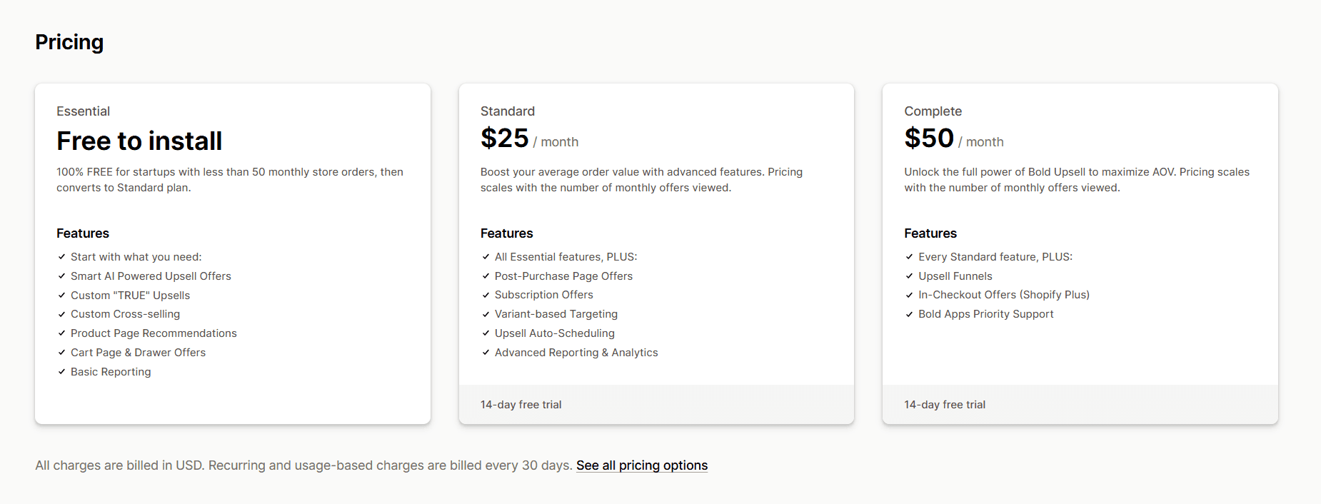 Bold Upsell subscription plans as of March 2026