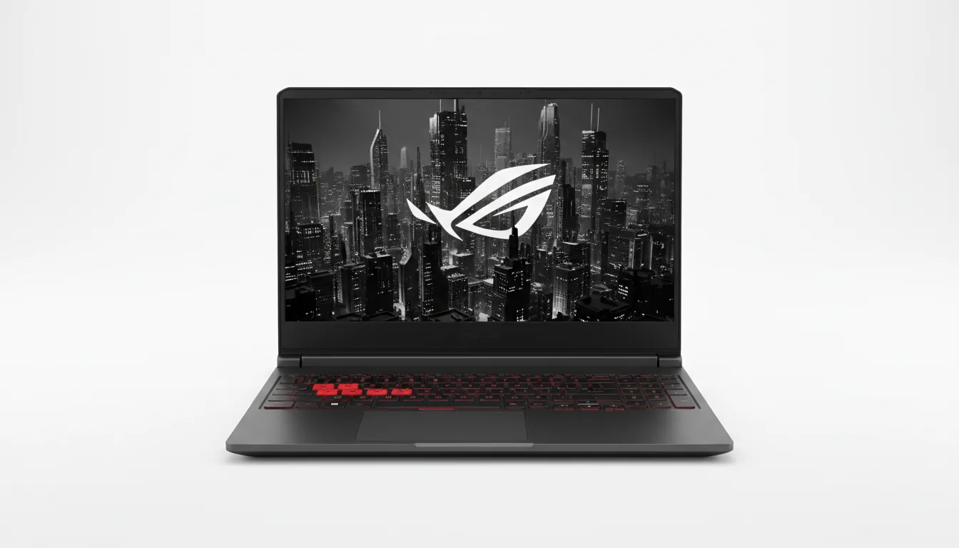 DSLR product photography of an ASUS ROG Zephyrus gaming laptop on a seamless, pure white background, soft studio lighting. The laptop is open, facing directly towards the camera, showcasing its dark gray matte metal chassis and black keyboard. The screen is illuminated, displaying a high-contrast, black-and-white wallpaper that features a stylized futuristic logo over a sci-fi cityscape. The image is clean, sharp, and centered.