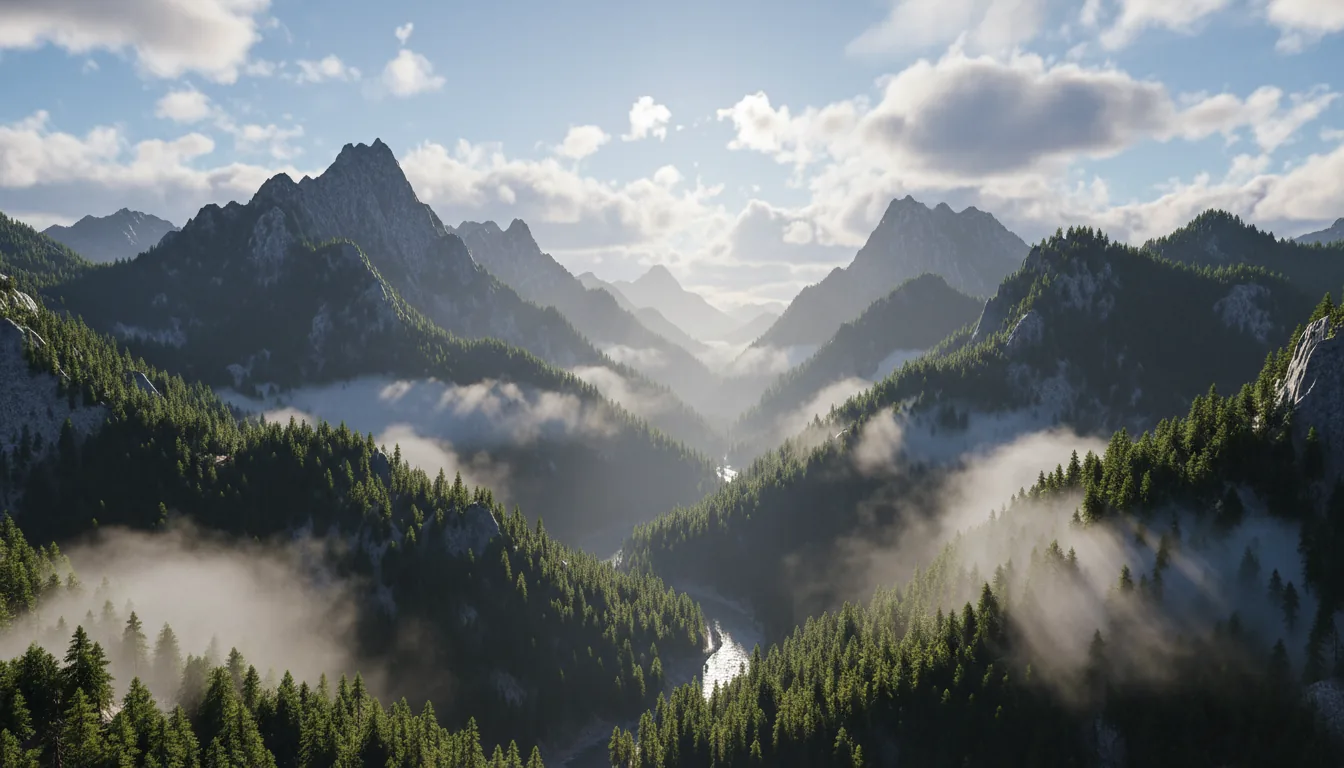 A photorealistic 3D render of a majestic mountain landscape, created in the style of Unreal Engine. Volumetric fog and low-hanging clouds fill the deep valleys between rugged, tree-covered peaks. Bright, cinematic daylight illuminates the scene from above, casting subtle god rays through the mist and highlighting the lush green foliage. The sky is a mix of blue patches and soft white clouds, creating a sense of epic scale and realism.