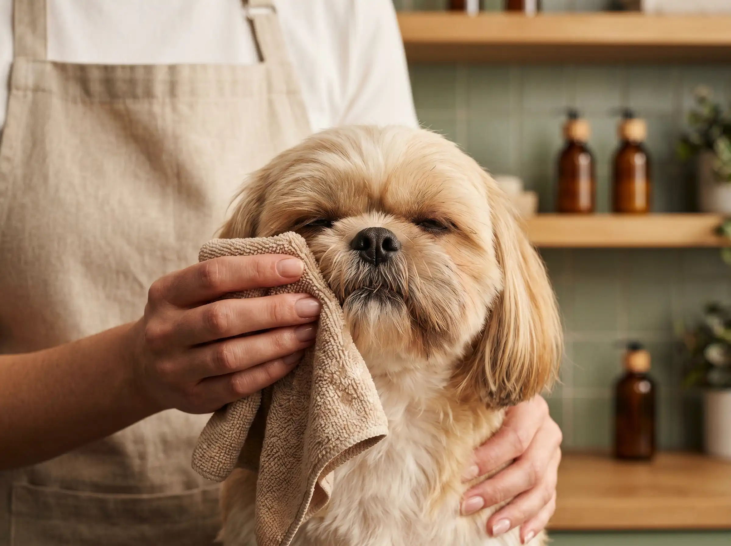 A dog being gently groomed by a professional in a calm, clean setting.