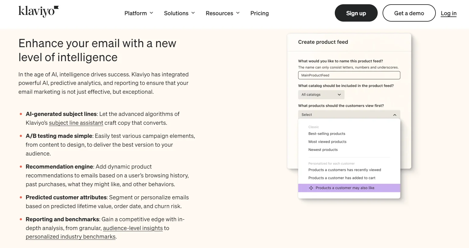 A screenshot of the Klaviyo email marketing website page