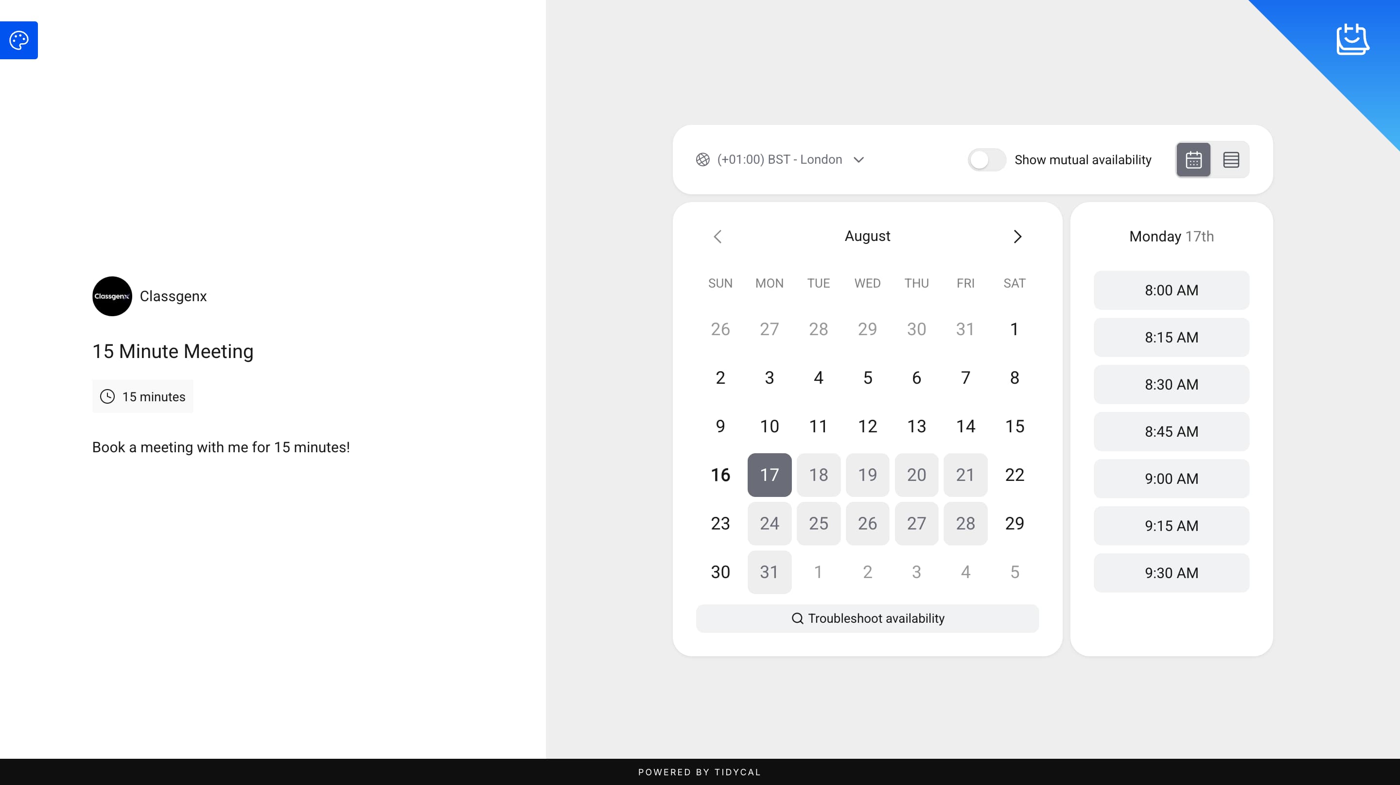 Tidycal booking page settings showing calendar view and available meeting time slots