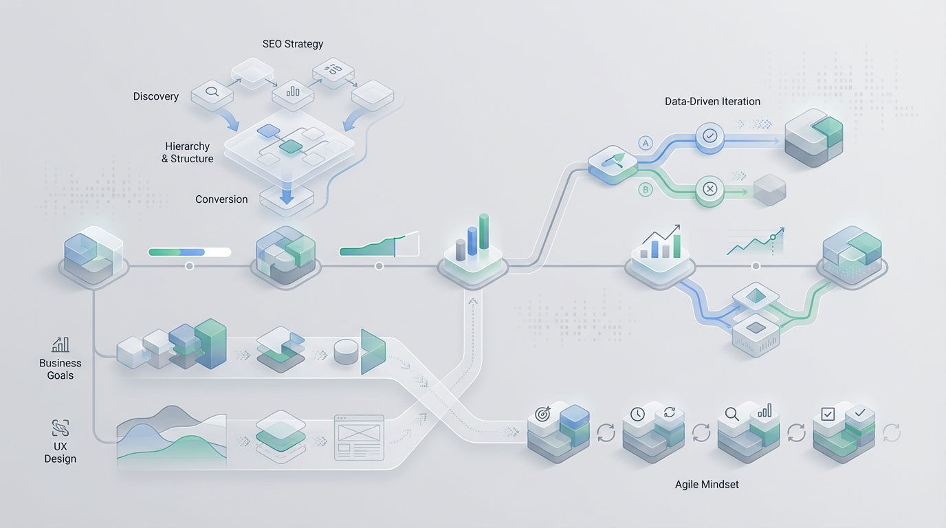 Ciclo de diseño iterativo: diagrama que integra estrategia SEO, alineación de objetivos comerciales y experiencia de usuario bajo un marco de trabajo Ágil.