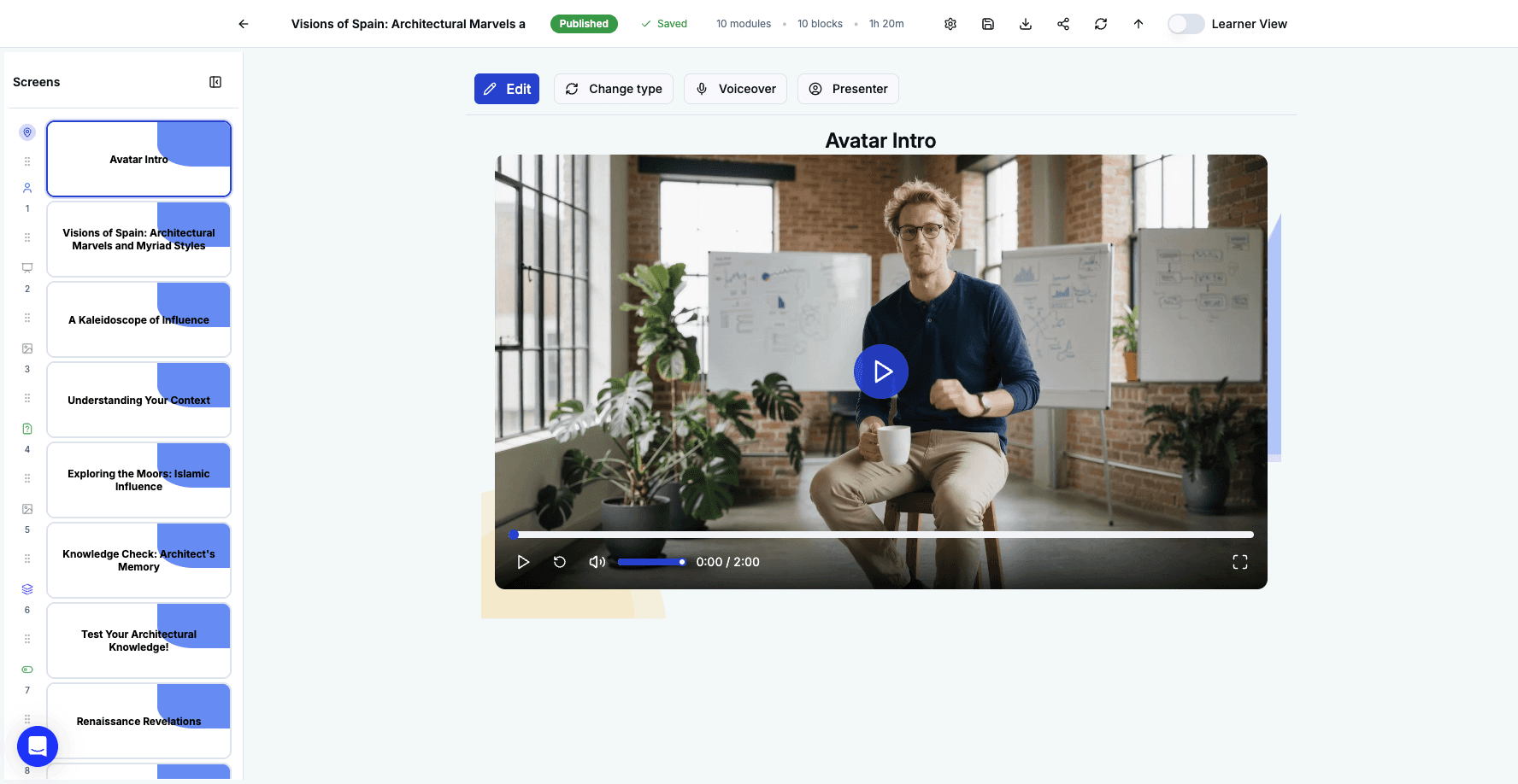 This is the full course editing interface where you can review all screens and content blocks.