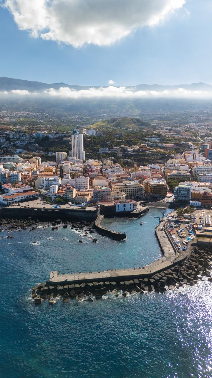 Aerial view of a Portuguese coastal town with a small harbour and mountains behind