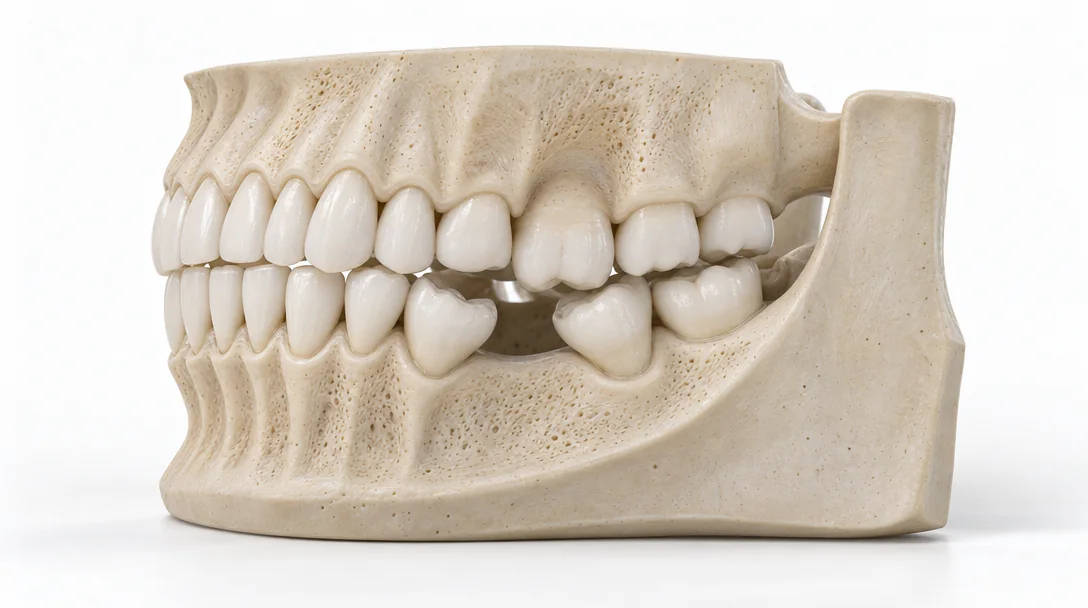 Denti vicini inclinati verso lo spazio di un dente mancante e dente opposto estruso