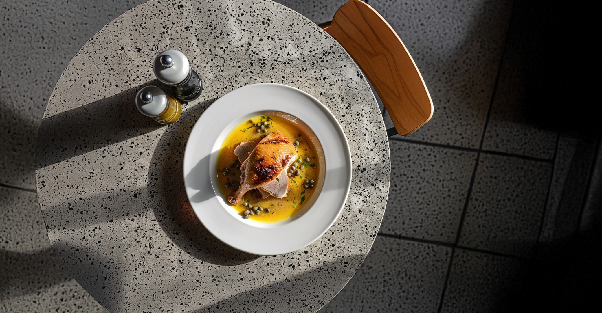 White plate with roasted chicken served in a golden sauce with herbs and capers, placed on a terrazzo tabletop in sunlight.