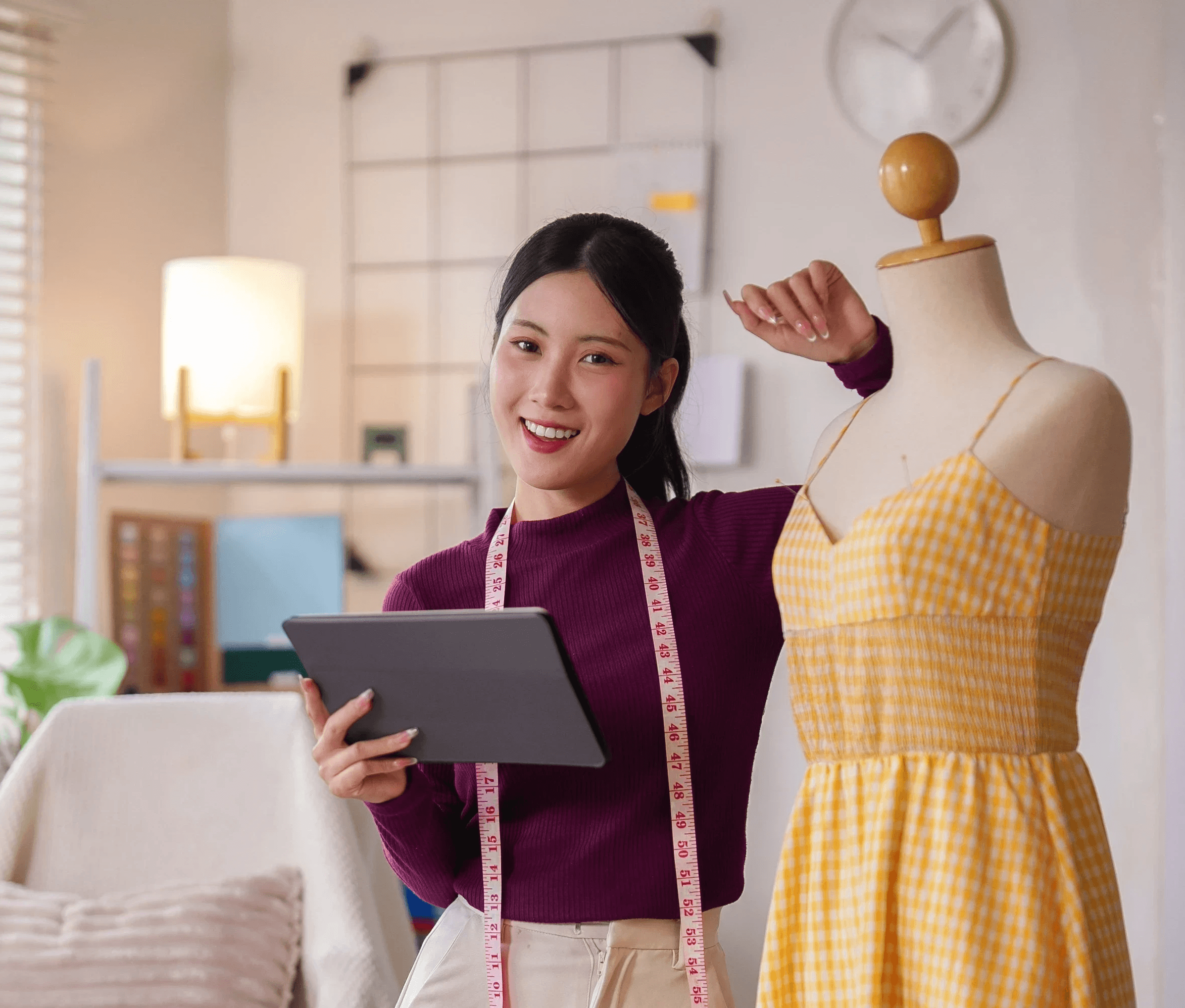 Headshot of Abby, the target user persona for the case study, depicted as a young fashion designer holding a tablet in her design studio.