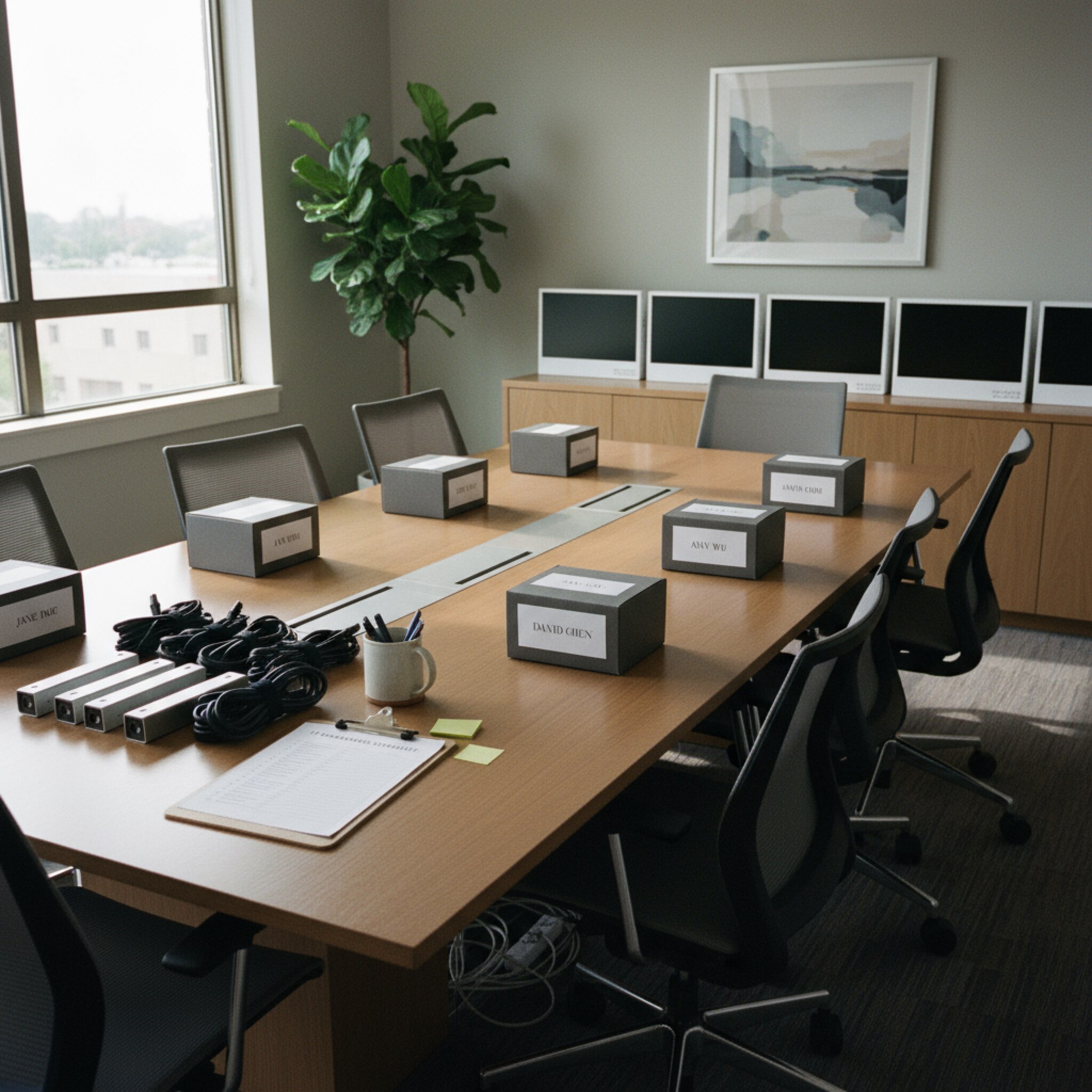 Ein Besprechungsraum ist mit vorbereiteten Boxen für Neueinstellungen bestückt, auf jeder liegt ein Namenslabel. Ein Stapel Dockingstationen und Monitore steht daneben. Eine Checkliste auf einem Klemmbrett ruht am Kopfende des Tisches. Alles wirkt ruhig geplant und bereit für den nächsten Onboarding-Tag.