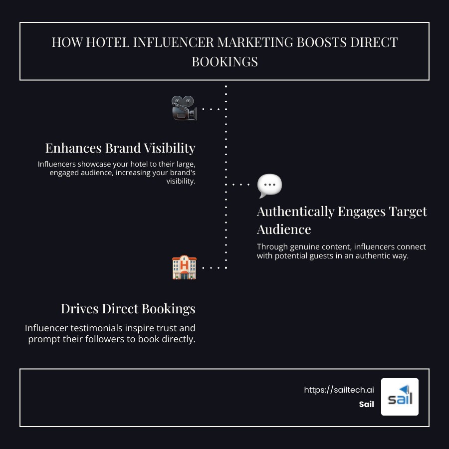 Infographic showing how influencer marketing boosts direct bookings - Hotel influencer marketing infographic infographic-line-3-steps-dark