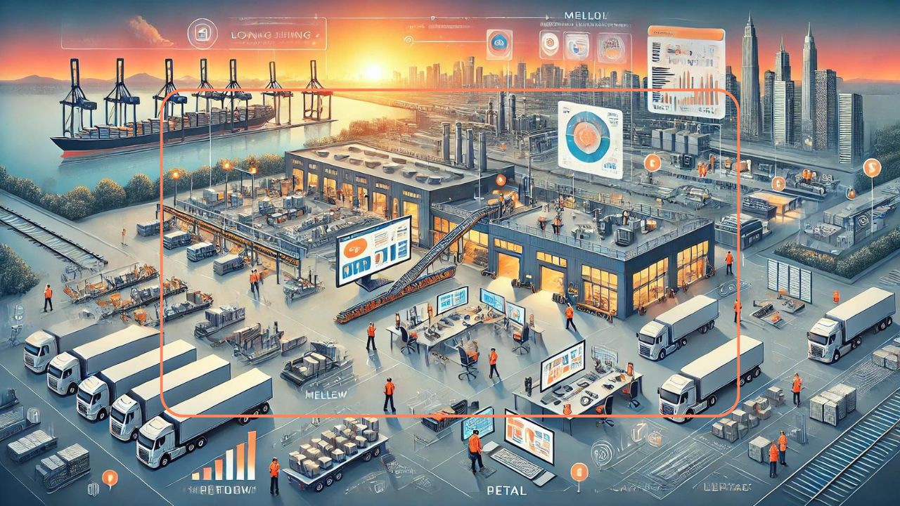 Smart factory and logistics hub with trucks, cargo ships, workers, and digital dashboards showing data and automation