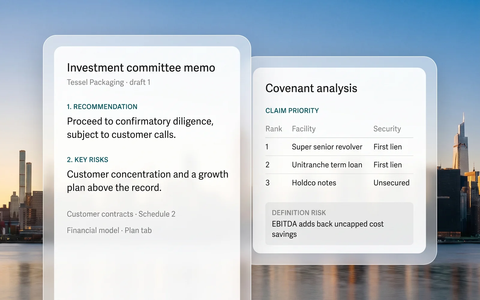 The cited investment committee memo with its recommendation and key risks, beside a covenant analysis that ranks the facilities and flags a definition risk