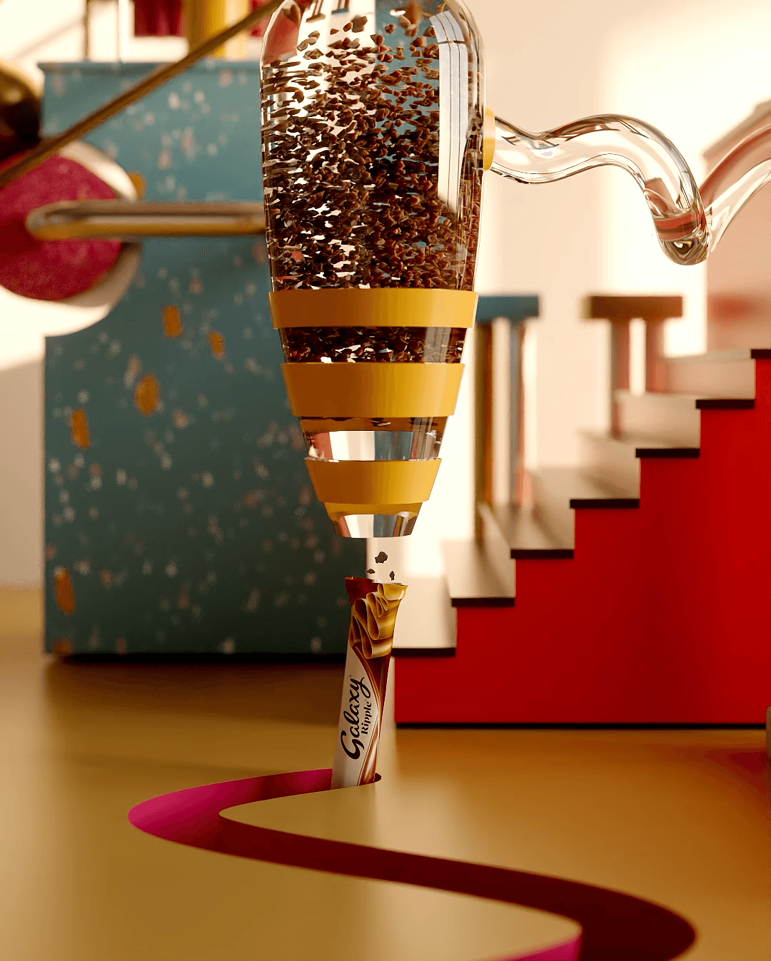 Red shopping basket with coffee-themed print cards and polaroids on pavement