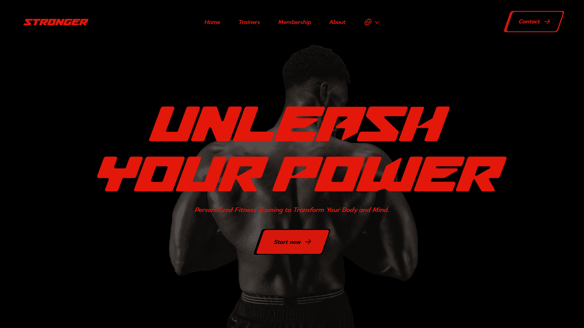 Screenshot of stronger.com homepage, showcasing a muscular black man's back with strong typography and a clean navigation.