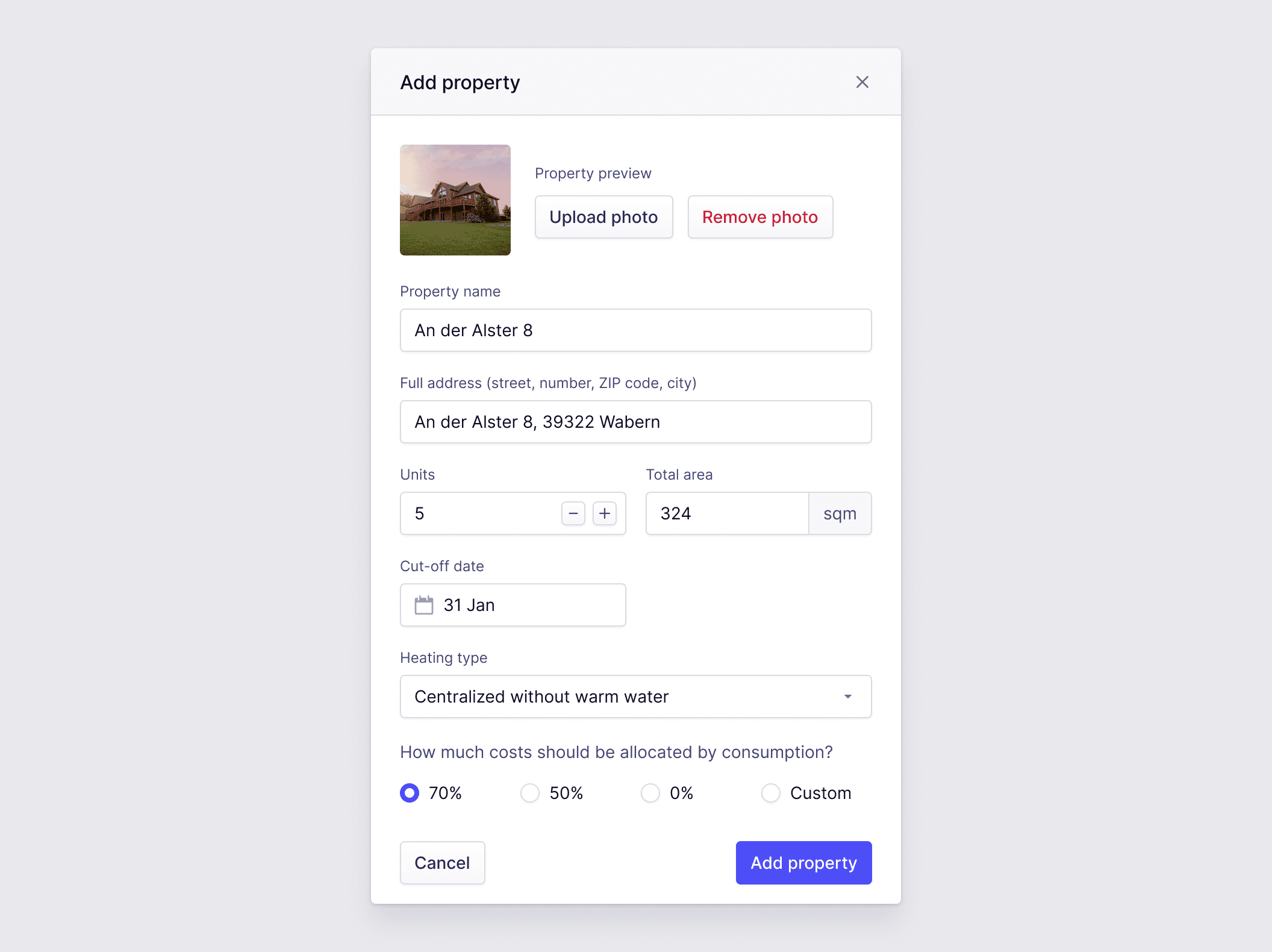 A modal to add a property. It contains the option to upload a preview photo and fill in the basic information about the property.