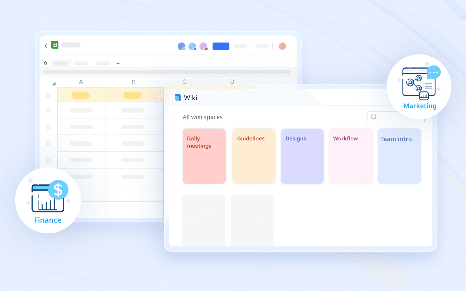 Sheets for the Finance team and Wiki for the marketing team
