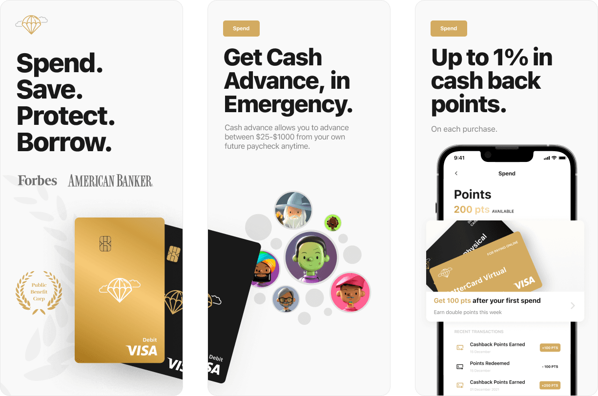 App Store promotional screen of a redesigned U.S. banking app showcasing core financial benefits — Spend, Save, Protect, Borrow — along with emergency cash advance options from $25 to $1000 and up to 1% cashback rewards. The visuals highlight premium gold and black Visa debit cards, diverse user avatar illustrations, and a mobile interface displaying points, virtual cards, and recent transactions. Clean, modern UI emphasizes security, simplicity, and added value for American users.