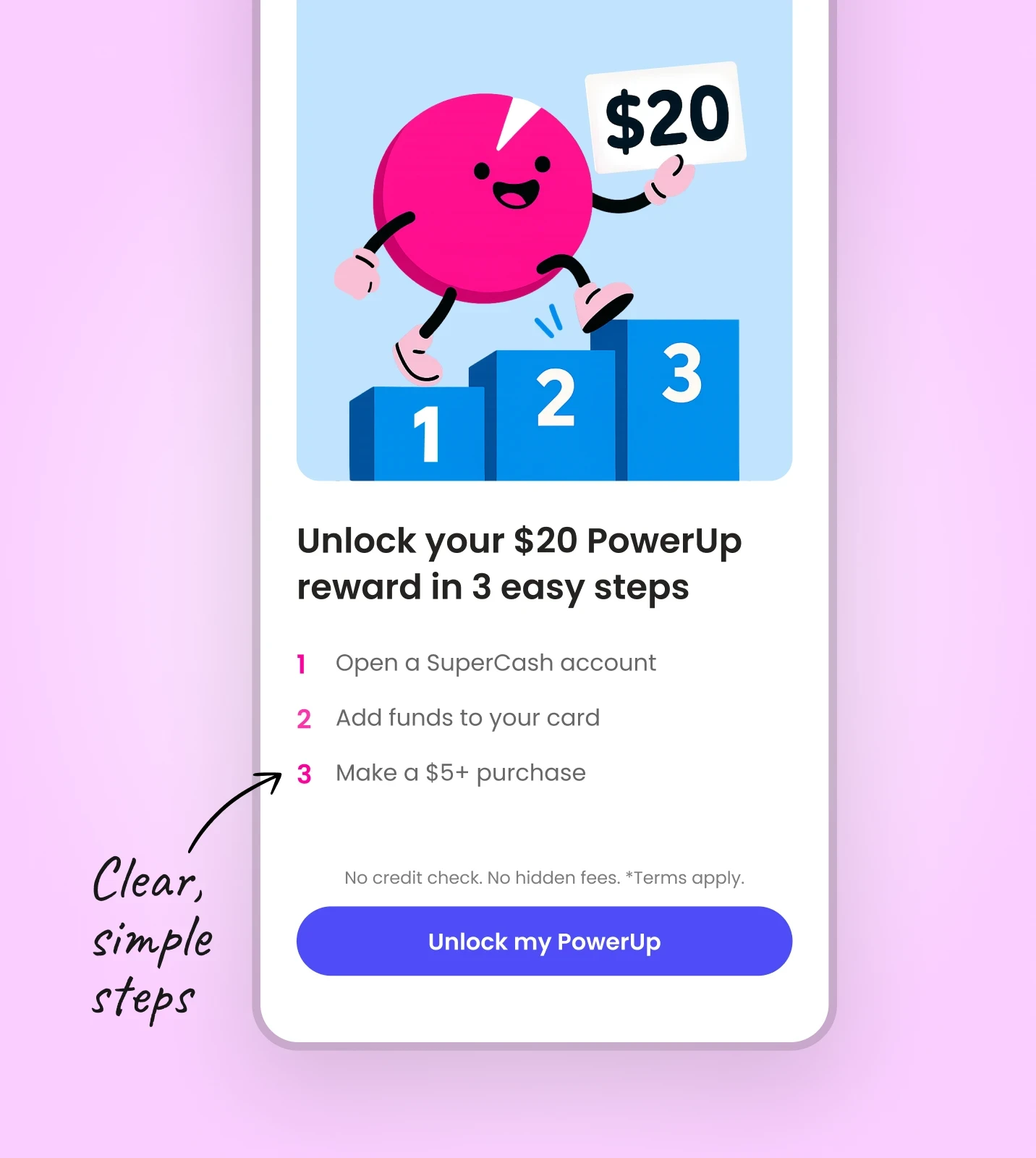 Mobile UI mockup showing Super.com’s PowerUp onboarding screen with a character illustration and 3 simple steps to unlock a $20 reward, used to test user understanding of reward clarity.”