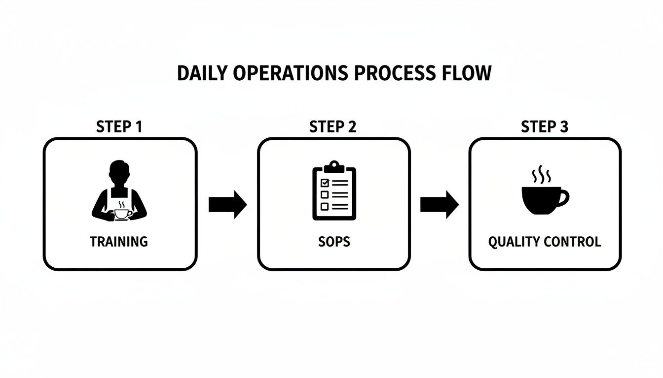 A daily operations process flow diagram with steps for training, SOPs, and quality control.
