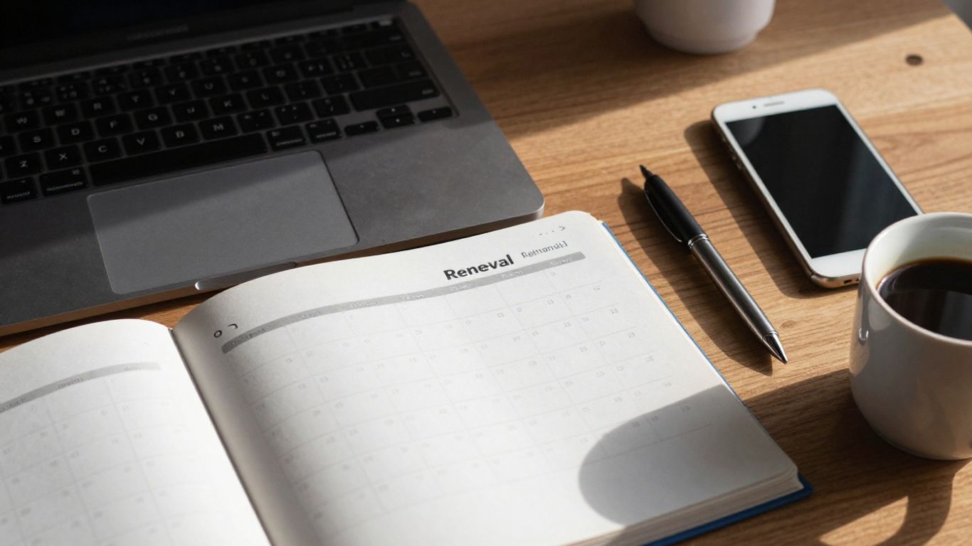 Calendar and subscription renewal reminder beside laptop