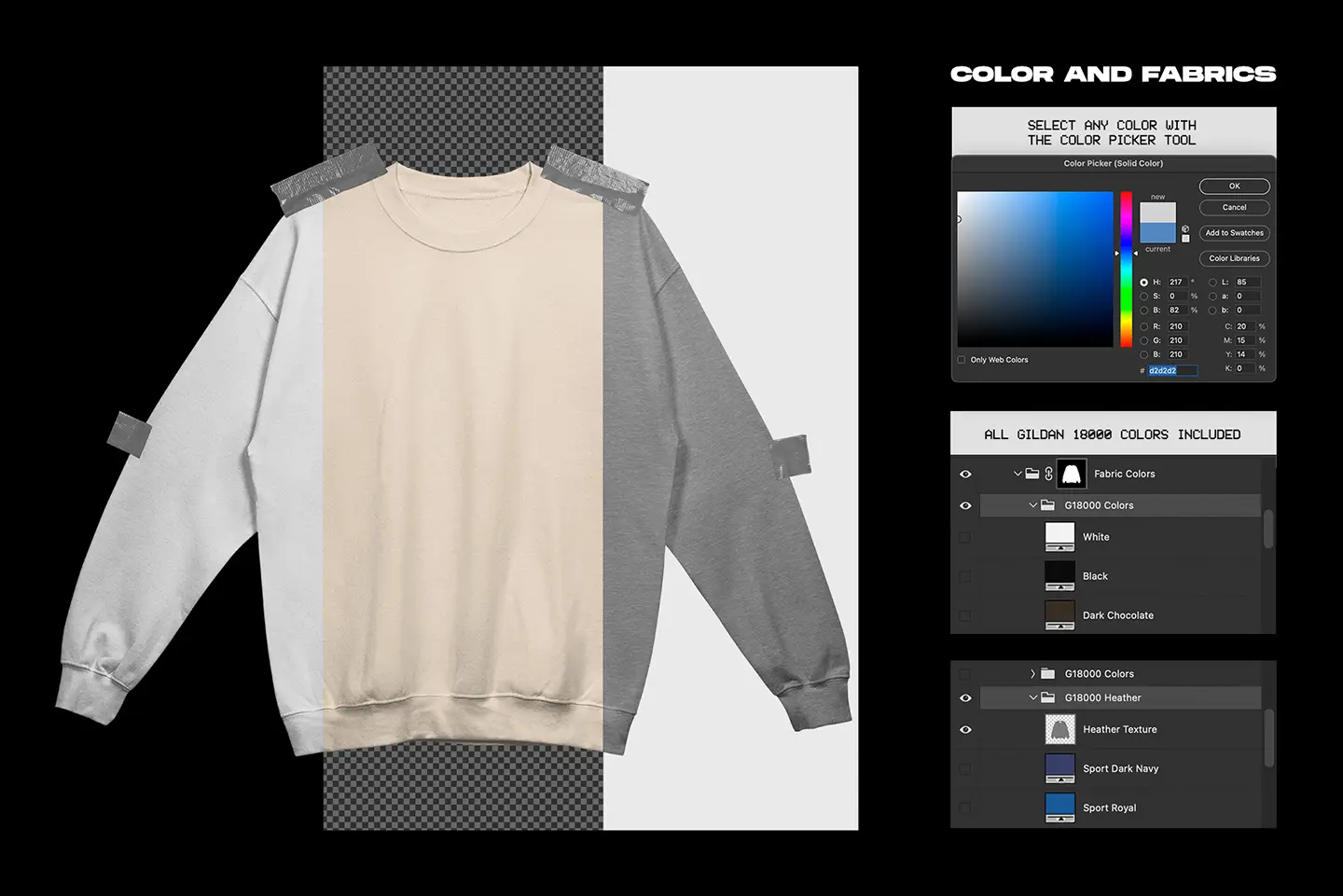 Gildan 18000 Crewneck Taped mockup fabric color options with Photoshop controls