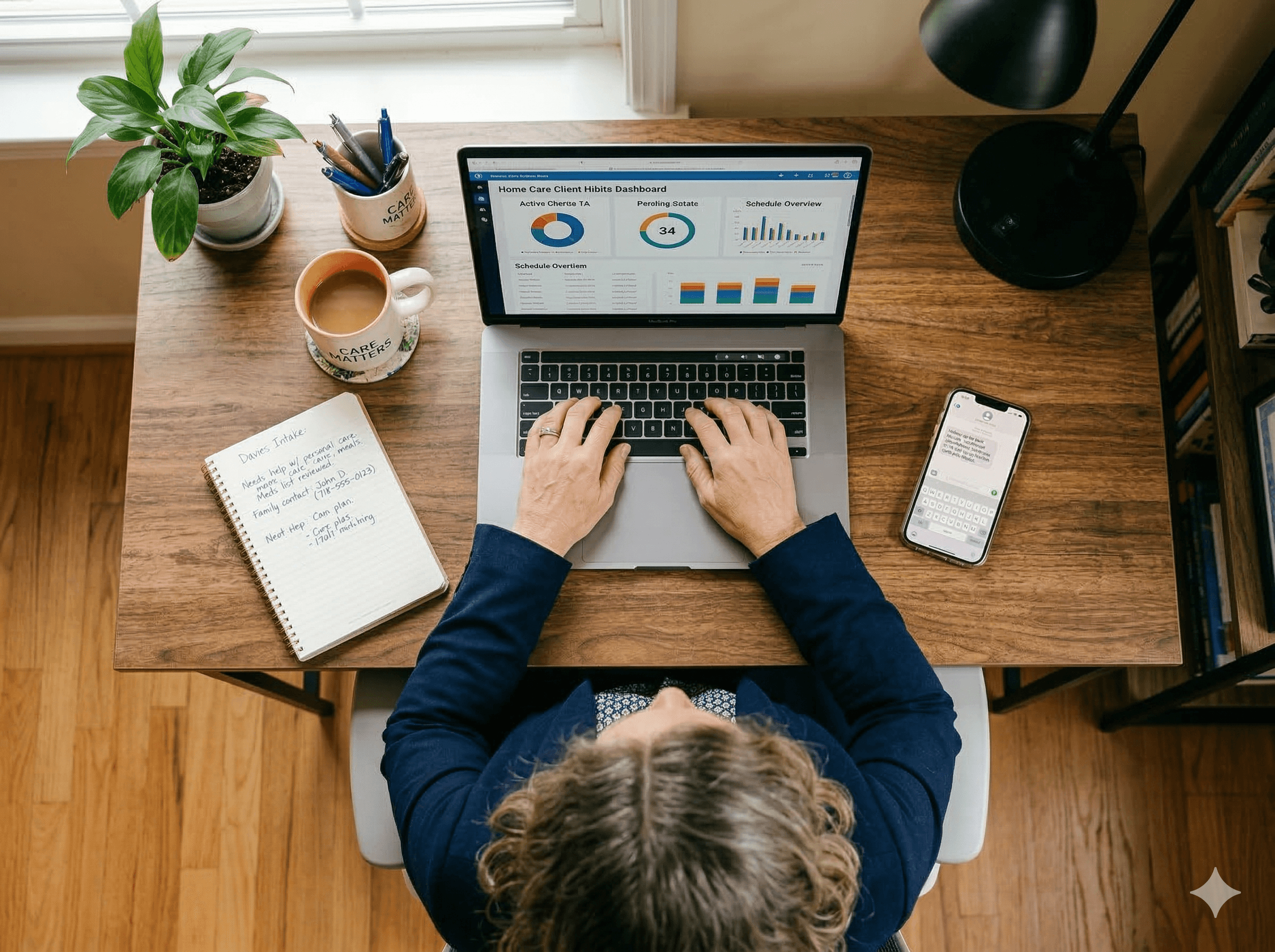 A realistic overhead view of a wooden desk with a coordinator seated in front of it, laptop positioned in front of the person and facing them, and a smartphone to the side, on the table, displaying a missed call notification, a notebook with a simple intake checklist, and a mug of coffee, warm natural lighting, aspect ratio 4:3.
