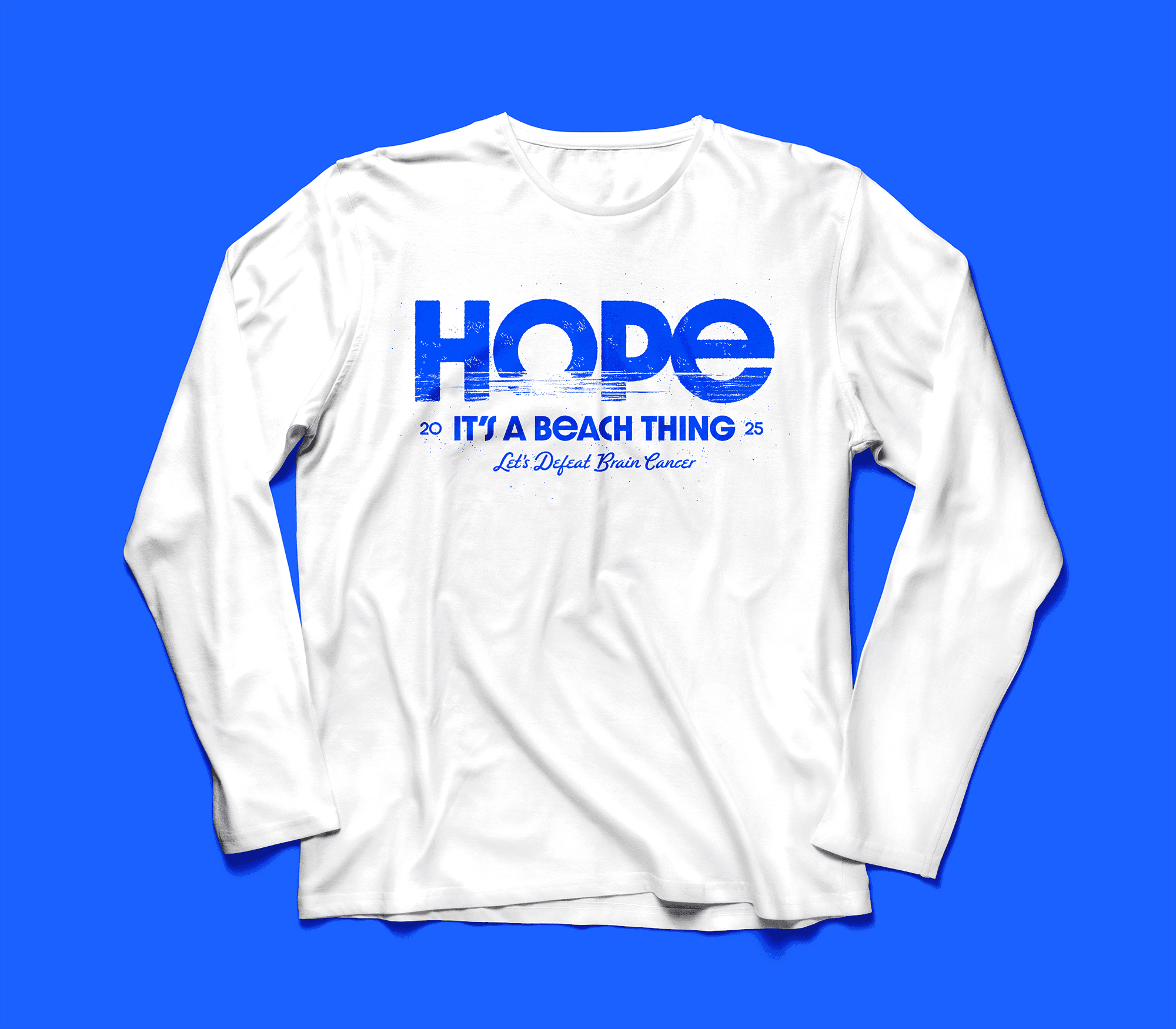 White long sleeve technical shirt with 'HOPE IT'S A BEACH THING' graphic screen printed in blue on the front of the shirt.