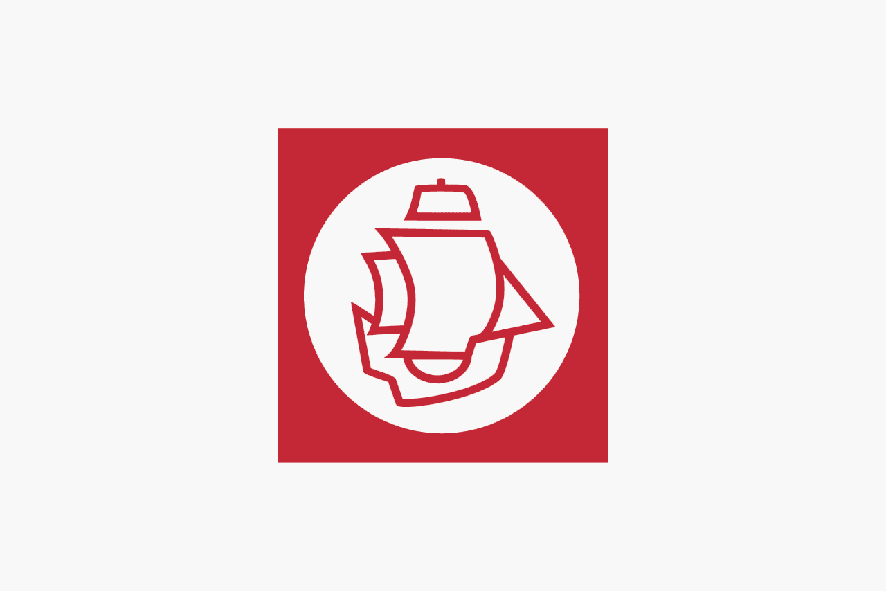 Tvornica Papira Logo. Red square with a white circle cut out and an illustration of a sailing ship