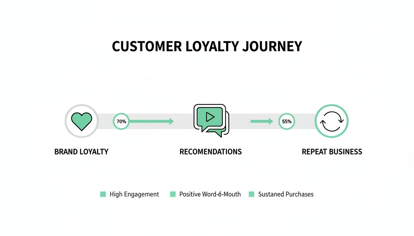 Infographic illustrating the customer loyalty journey from brand loyalty to recommendations and repeat business.