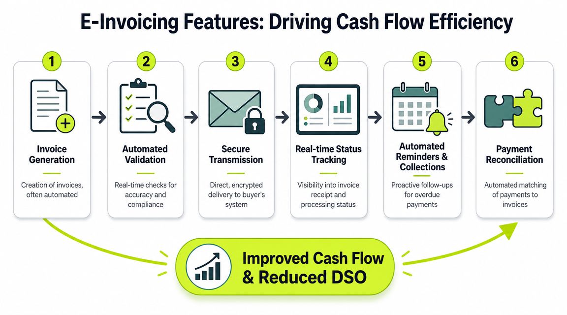 A six-step diagram illustrating how e-invoicing features drive cash flow efficiency and reduce days sales outstanding.