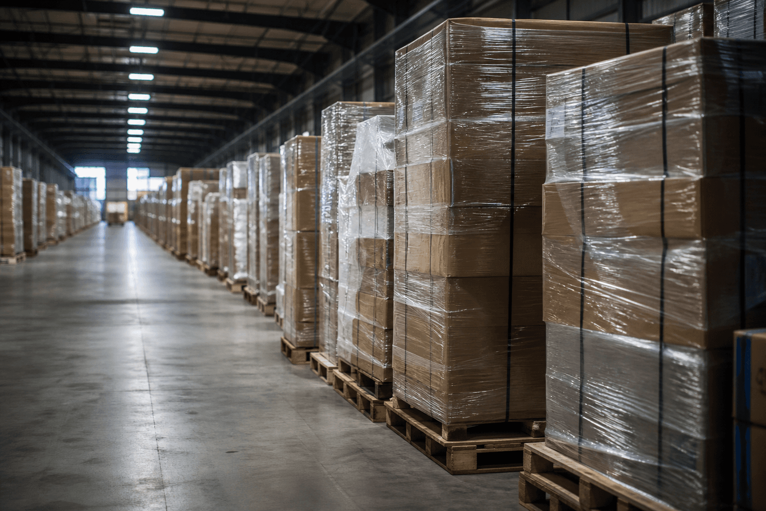 A long aisle of shrink-wrapped freight pallets waiting in a customs warehouse