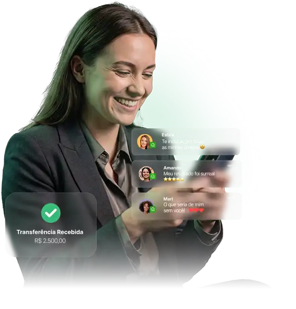 Nutricionista feliz olhando notificações no seu celular