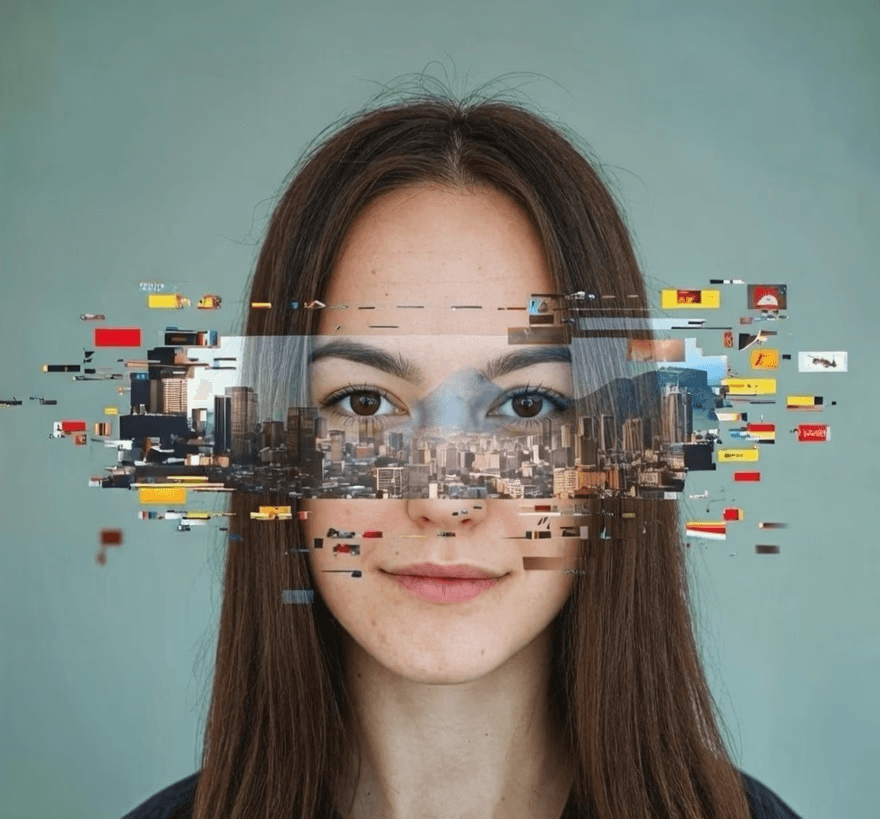Close-up of an eye with creative makeup and white feathers.