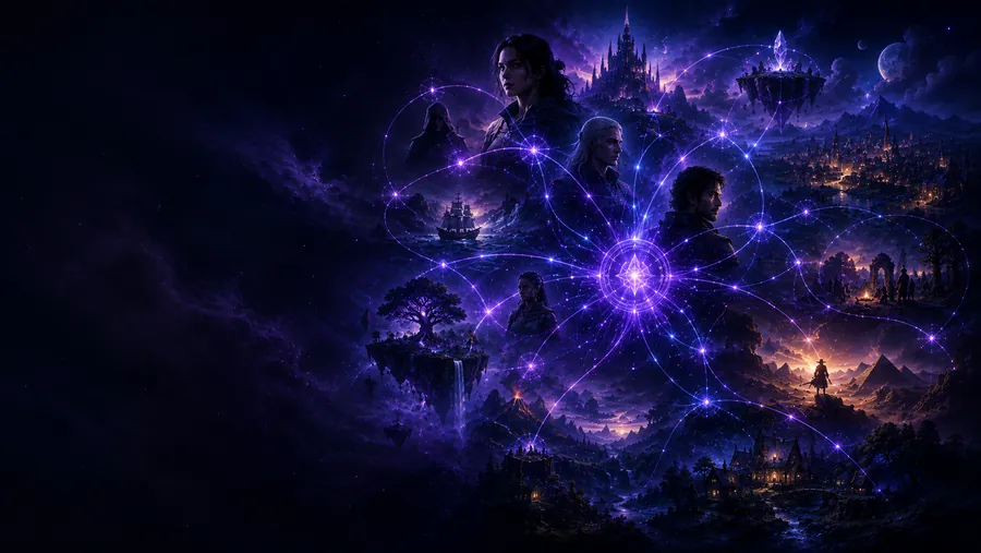 Connected Story Intelligence represented as a branching network of characters, places and story elements.