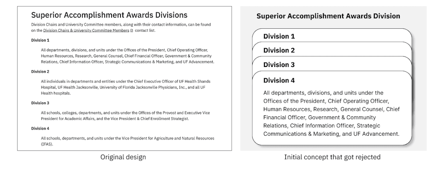 Original Division layout on the website (right); Stacking card sticky scroll layout initial concept that got rejected (left)