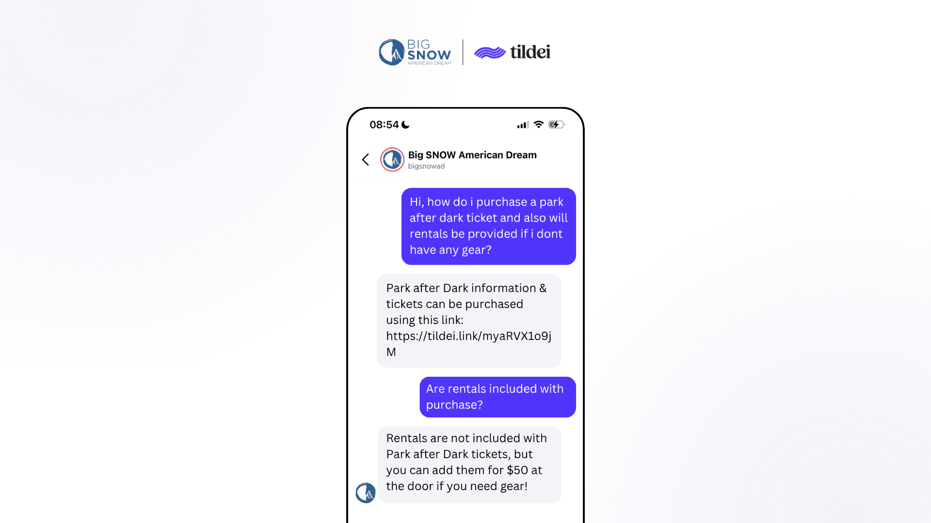 Mobile chat screenshot showing a guest asking Big SNOW American Dream how to purchase a Park After Dark ticket and whether rentals are included, with an AI assistant providing a direct purchase link and clarifying that gear rentals can be added for $50 at the door.