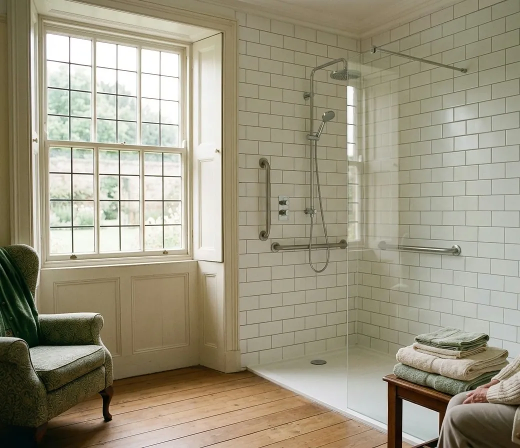 The Garden Room's walk-in shower with grab rails